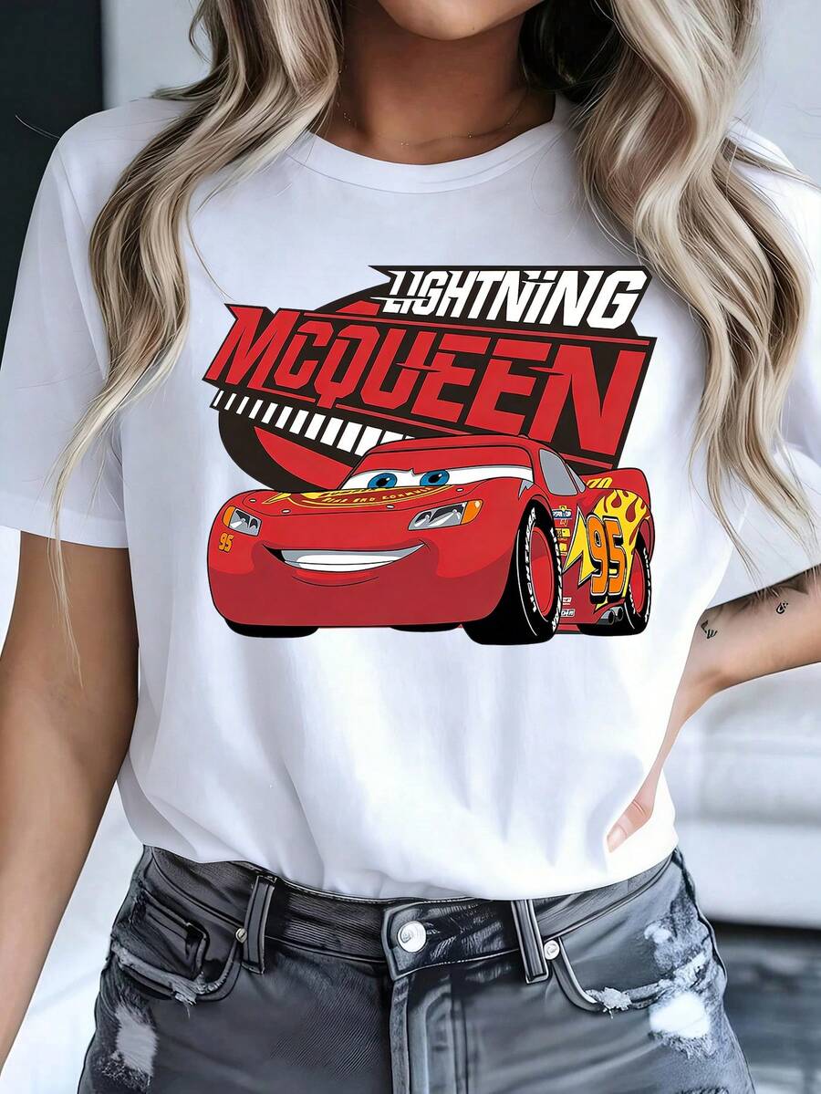 Disney Women's Casual Lightning McQueen Graphic Tee Short Sleeve Round Neck Cotton T-Shirt, Men's Sizes Suitable For The Whole Family - trắng - Xem 1