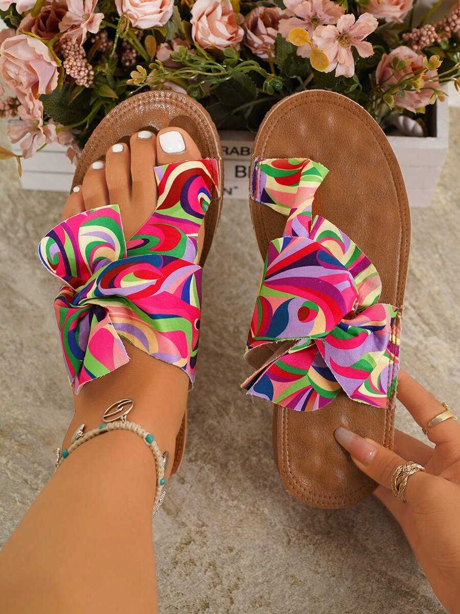 Rainbow Bow Tie Women's Flat Sandals, Comfortable Massage Sole Colorful Beach Slippers,Flip Flops,Summer Outfits