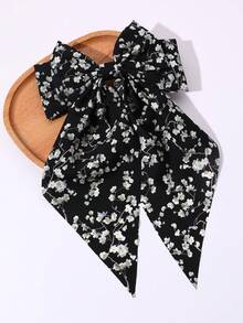 1pc Women's Fashion Elegant Black Floral Bowknot Ribbon Hair Clip, Suitable For Daily Wear, Spring/Summer, Party, Outing, Claw Clips - Black - View 3