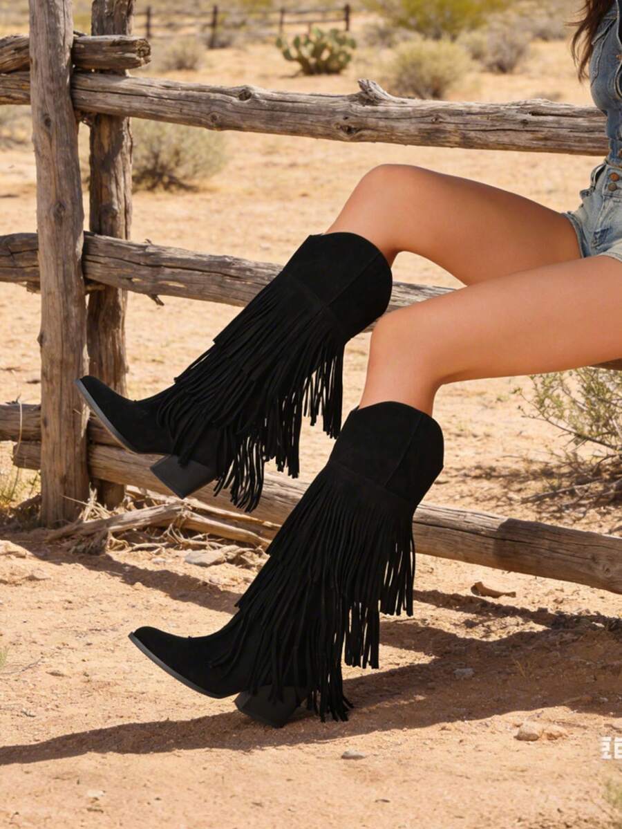 Women's Retro Fringe Knee High Cowboy Boots Fashion Pointed Toe Block Chunky High Heels Pull On Vintage Western Cowgirl Boots - màu đen - Xem 1