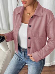 Women's Faux Suede Cropped Jacket Casual Fall Fashion Button Down Winter Coats Outerwear Clothes Christmas New Years Outfit Women - 粉色 - 查看 4