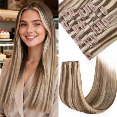 100% Human Hair Seamless Clip-In Hair Extensions, Platinum Blonde & Caramel Brown Seamless Clip-In Hair Extensions, PU Skin Color Weft, Add Volume, 7pcs/Set, 115g