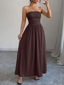 Women Summer Strapless Dress Sleeveless Tube Dress Ruched Flowy Side Pocket Bandeau Maxi Dress Casual Spring Vacation Holiday Beach Cocktail Wedding Guest Midi Dresses Outfits - 棕色 - 查看 5