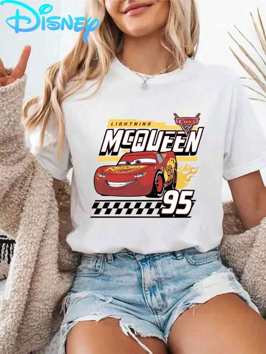 Women's Disney Cars Lightning McQueen 95 Graphic Print Short Sleeve T-Shirt Casual Cotton Round Neck Tee Top - 白色 - 查看 1