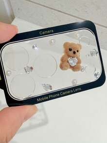 Cute 3D Bear Crystal Pearl Scratch-Resistant Transparent Base Camera Lens Protector, Suitable For IPhone 17 ProMax 17 Pro, Durable Clear Protective Layer Camera Lens Cover - Light Brown Heart-shaped Teddy Bear - View 3