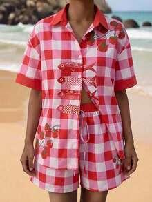 Spring/Summer Women 2-Piece Set, Red & White Plaid Tomato & Fish Print Short Sleeve Shirt And Drawstring Shorts, Italian Casual Holiday Beach Outfit - Multicolor - View 5
