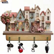 1-Piece Pink Fairy Tale Style Wooden Key Holder With 4 Metal Hooks-Retro Style Wall-Mounted Decorative Storage Rack, Suitable For Home, Villa, Key Wall, And Porch Decoration, Unique Design, Sturdy Structure, Excellent Home Storage Tool - Pink - View 4