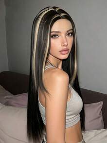 26英寸女士灰色挑染金色/红色/酒红色蕾丝4*1直发假发，耐热，优雅顺滑，百搭，适合圣诞节、狂欢节等场合，适合所有女性佩戴。 - 彩色 - 查看 6