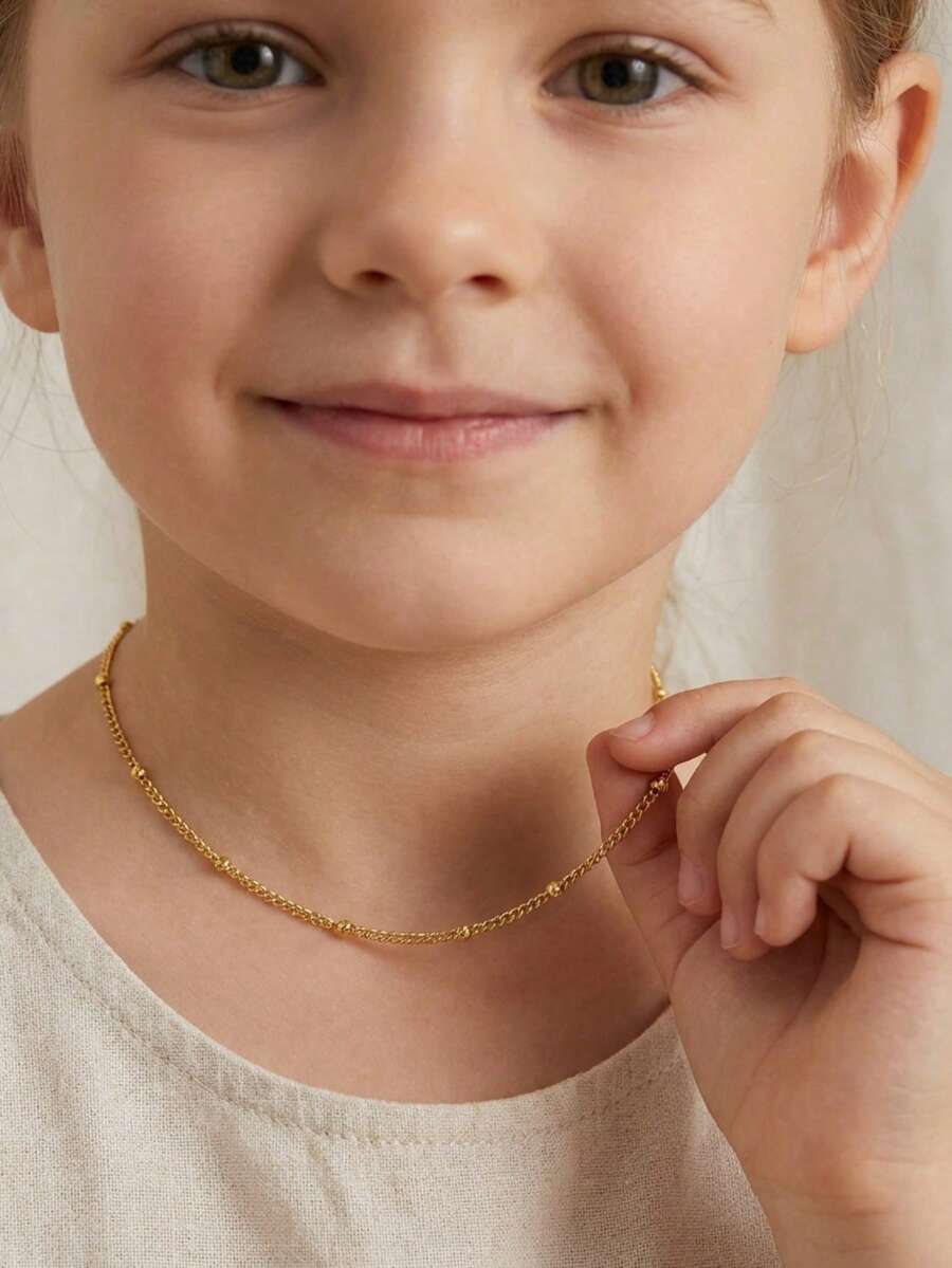 1pc Fashionable Delicate Gold Stainless Steel Beaded Chain Necklace, Minimalist Choker Necklace For Party & Festival Decoration - Gold - View 1