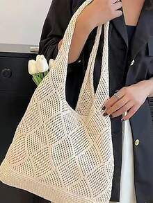 1pc Heart Contrast Color Knitted Tote Bag, Large Capacity Fashion Beach Bag, Versatile For Commuting, Summer Outfits - Multicolor - View 12