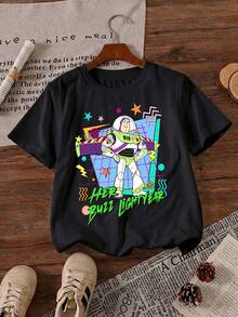 Disney DIS Pixar Toy Story Her Buzz Retro Neon Aesthetic Printed Pattern T-Shirts For Girls - Children's Clothing Design Short-Sleeved Casual And Cute Style Comfortable And Casual Wear All Year Round Suitable For Parties And Play Machine Washable Gift Children's Clothing Girls' Short-Sleeved Shirts - 黑色 - 查看 2
