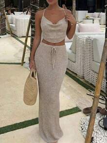 Elegant Summer Women's 2-Piece Set: Shiny Khaki Camisole Top Paired With Elastic Waist Tie-Front Skirt. Suitable For Beach Vacation, Music Festivals, Holiday Dates, Beach Parties, Cocktail Events And More - Camel - View 3