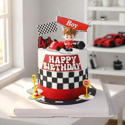 20 piezas Conjunto de decoraciones para tarta de carreras, que incluye decoraciones para tarta con coches de carreras, decoración de pista de carreras, coches de carreras rojos, pilotos de carreras lindos, señales de carreras y barreras amarillas, adecuado para fiestas de cumpleaños, bautizos, revelación de género, etc. (Por favor, utilizar con una bandeja, no entrar en contacto directo con la tarta)