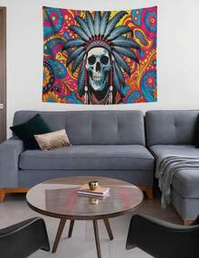 Headdress Skeleton Wall Tapestry – Boho Skull Art Wall Hanging For Bedroom Dorm,   Decor,Gothic Spiritual Home Tapestries - Multicolor - View 5