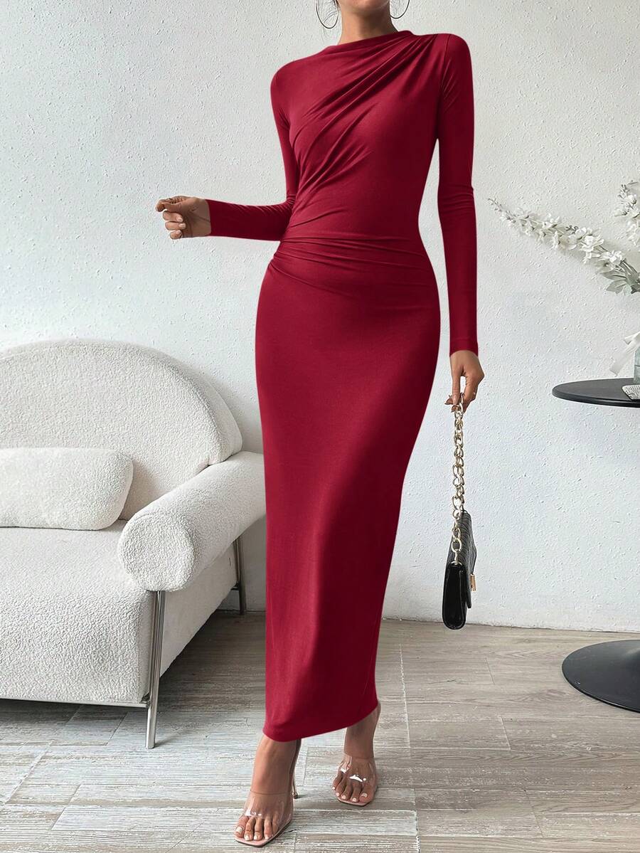 Women Spring Long Sleeve Ribbed Knit Back Slit Ruched Bodycon Maxi Dress Elegant Party Cocktail Formal Spring Fall Wedding Guest Evening Valentine Long Dress Outfit - Burgundy - View 1