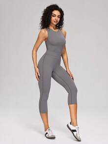 MASKERT Mono de yoga para mujer, mono de entrenamiento de fitness, mono de pilates, mono de danza, mono deportivo casual, mono deportivo sin espalda, mono deportivo de talle alto de tres puntos, mono deportivo sin mangas, mono deportivo para uso diario - Gris Oscuro - Ver 5