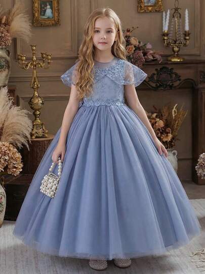 Tween Girl Elegant Gray-Blue Flower Girl Dress With Detachable Bow Decor And Shawl, Floral Embroidery, Suitable For Girl's Birthday Party, Wedding, Banquet, Bridesmaid, Stage Performance, Holiday Celebration