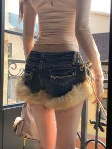 Summer New Women's Retro Design Fluffy Splicing Jeans Shorts Y2k Low-Rise Strap Slim Hot Pants - 藍色 - 查看 2
