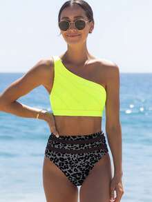 popvil Women's Colorblock One-Shoulder Bikini Set, Suitable For Summer Vacation And Beach Wear - Green - View 1