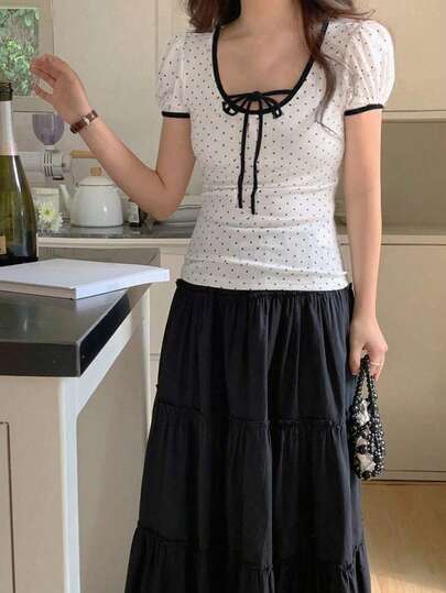 Contrast Color Polka Dot Round Neck Short Sleeve Fitted Casual T-Shirt For Women, Spring/Summer
