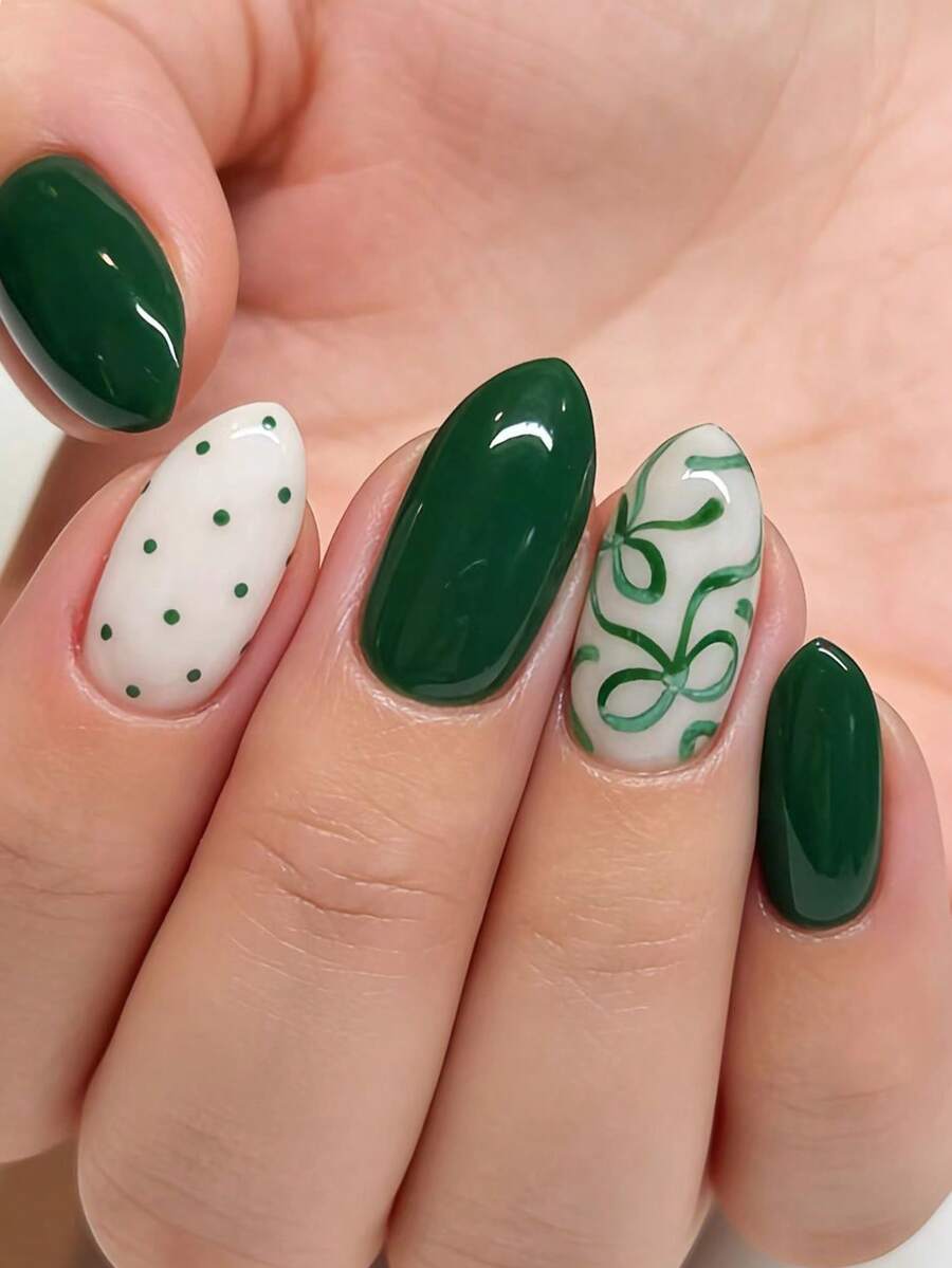 Bộ 24 móng tay giả hình hạnh nhân thắt nơ xanh lá cây, móng tay giả chấm bi trắng chất lượng cao, bộ móng giả phủ toàn bộ màu xanh đậm thanh lịch, phù hợp cho phụ nữ và bé gái, bao gồm 1 miếng dán và 1 dũa móng mini, giao hàng ngẫu nhiên. - màu xanh lá - Xem 1
