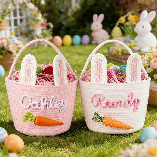 Personalized Cotton Rope Rabbit Basket, Easter Basket, Rabbit Shaped, Customized With Your Name, Suitable As Easter Gift, First Easter Gift, Easter Egg Hunt Basket Or Easter Decoration. Cotton Rope Gift Basket, Hunting Basket, Party Favor