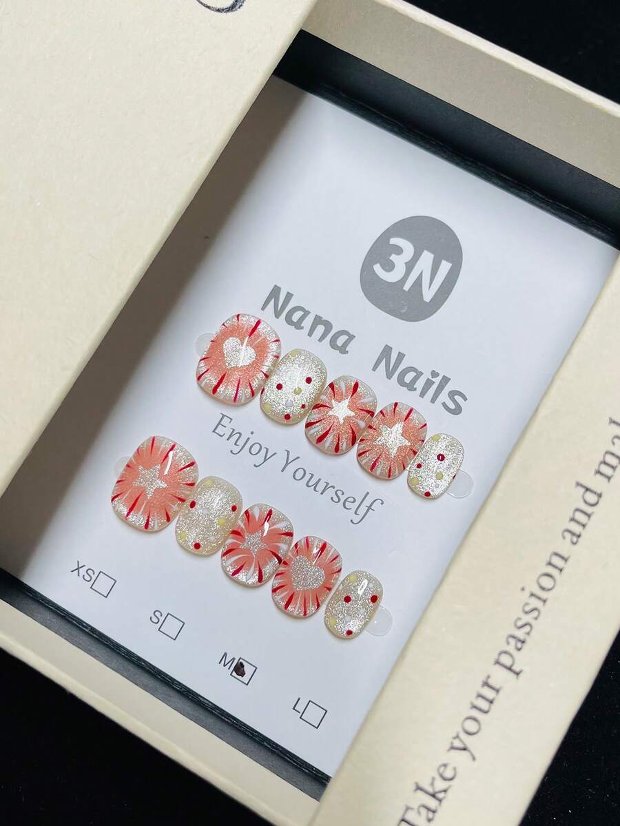 1package/10pcs-Radiant Stripe Heart & Star Glitter Nails - Multicolor - View 1