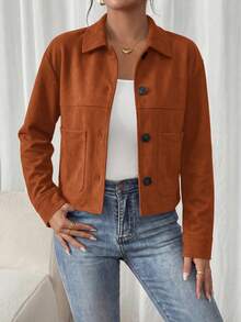 PRETTYGARDEN Women's Faux Suede Cropped Jacket Casual Fall Fashion Button Down Winter Coats Outerwear Clothes Christmas New Years Outfit Women - 橘紅色 - 查看 1