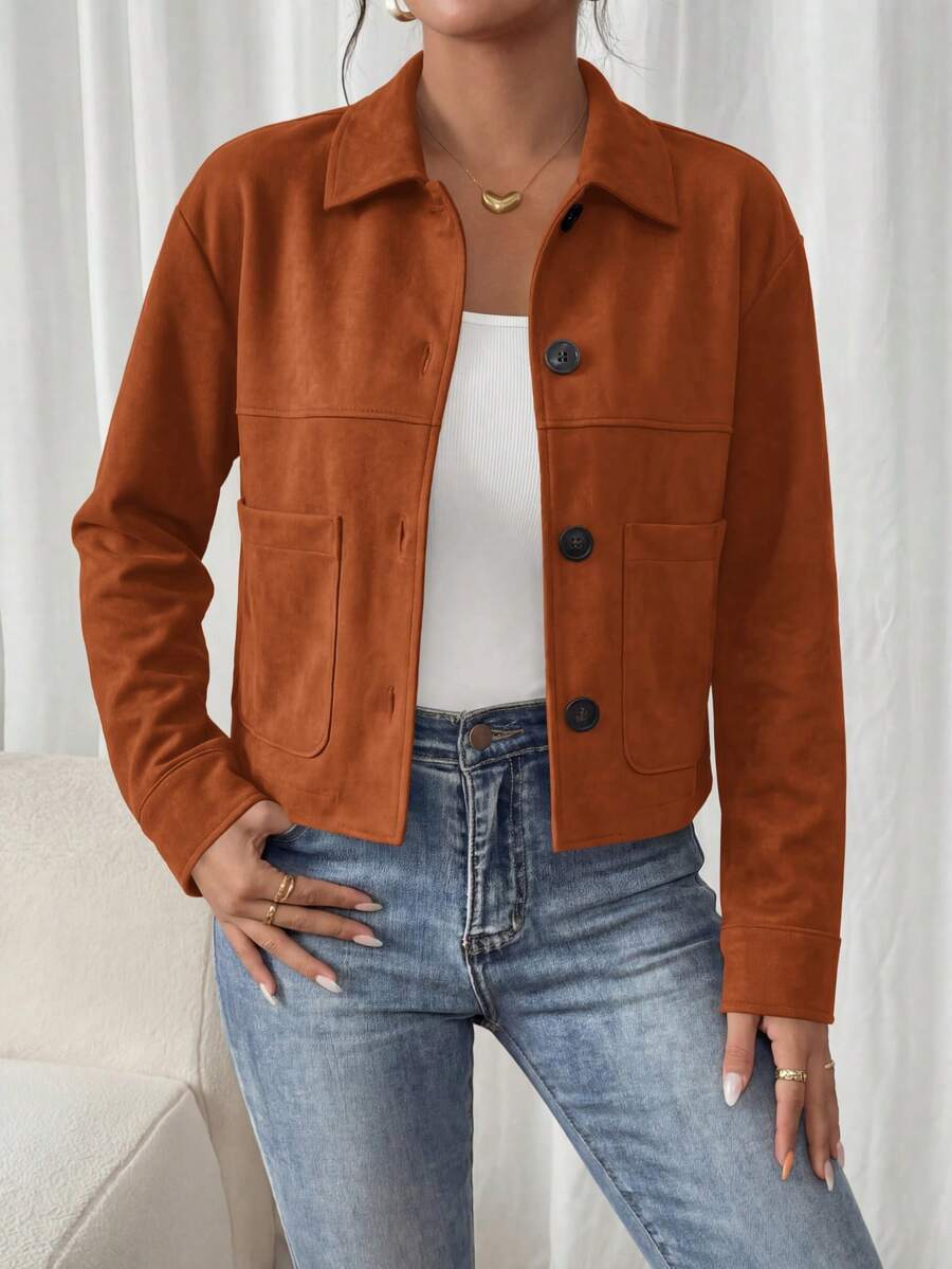 PRETTYGARDEN Women's Faux Suede Cropped Jacket Casual Fall Fashion Button Down Winter Coats Outerwear Clothes Christmas New Years Outfit Women - 橘紅色 - 查看 1