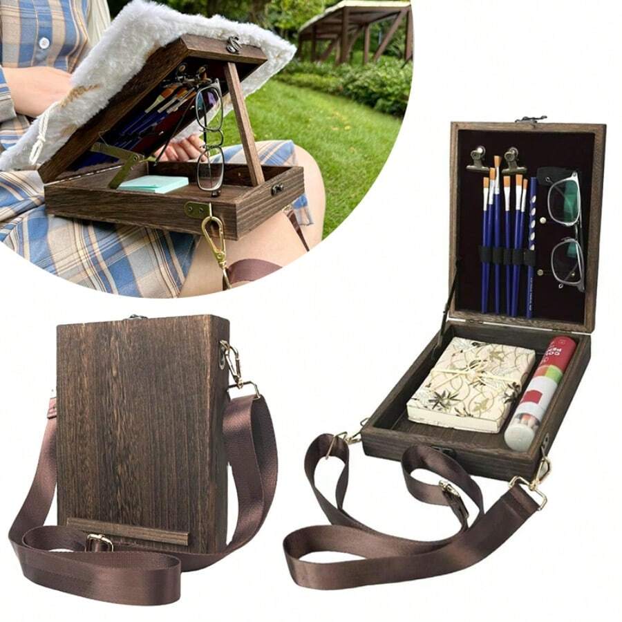 Retro Writers Messenger Wood Box Artist & Brush Storage Box With Locking Clasp - B - View 1