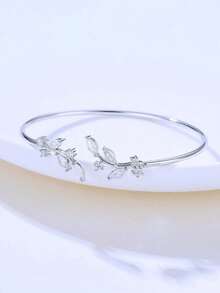Cubic Zirconia Leaf Decor Cuff Bracelet LO6N - Bạc - Xem 2