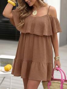 Elegante vestido corto sin mangas con volantes en el bajo, adecuado para usar en verano - Albaricoque - Ver 5