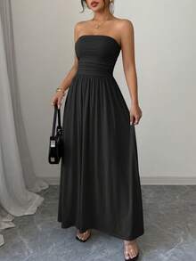 Women Summer Strapless Dress Sleeveless Tube Dress Ruched Flowy Side Pocket Bandeau Maxi Dress Casual Spring Vacation Holiday Beach Cocktail Wedding Guest Midi Dresses Outfits - 黑色 - 查看 3