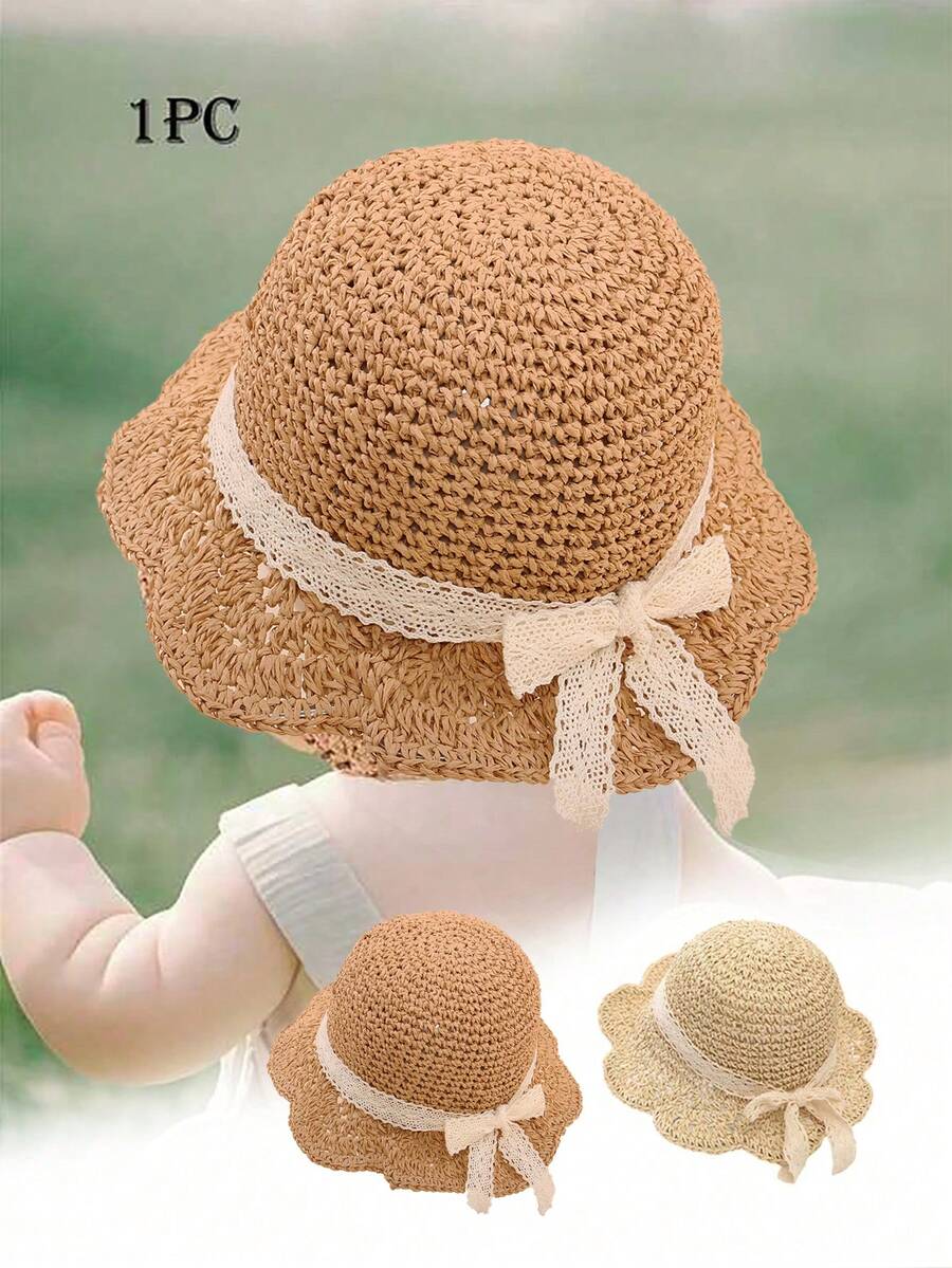 1 pieza Sombrero de paja tejido a mano con cordón para protección solar para niña bebé de 1-2 años, primavera/verano - Arco - Caqui - Ver 1