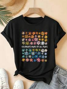 Celebrate Minds Of All Kinds - Autism Awareness Ne Imaginediverse Graphic Tee, Casual Round Neck Short Sleeve Top For Women, Colorful Floral Design, Spring/Summer Clothing, Mental Health Awareness Clothing | Round Neck Tshirt | Colorful Print - 黑色 - 查看 11