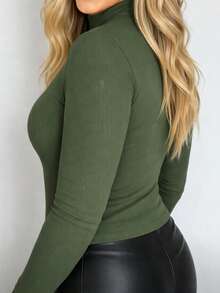 Women's High Neck Fleece Blouse With Ribbed Knit And Long Sleeves, Winter/Autumn Thermal Base Layer, Fitted, Fashion Blogger Style - 軍綠色 - 查看 3