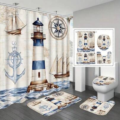 1/3/4pcs Creative Marine Boat And Sea Tower Pattern Shower Curtain, Bathroom Shower Curtain Set, With 12 Hooks, Non-Slip Bathroom Mat, Toilet U-Shaped Mat, Horse Bucket Seat Mat, Bathroom Decoration, Shower Curtain Set For Bathrooms