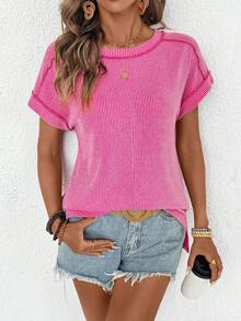 Camiseta de punto acanalado para mujer, casual para primavera/verano - Rosa - Ver 6