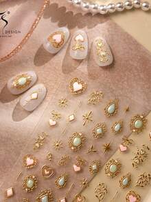 1片优雅高贵5D美甲贴纸 复古闪亮仿宝石美甲贴纸 宫廷风爱心星自粘美甲贴纸 - 彩色 - 查看 6