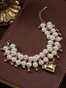 1pc Vintage Elegant Faux Pearl Double-Layer Handmade Beaded Bracelet With Heart Pendant, Delicate Sweet Accessory - Double Pearl Bracelet - View 5