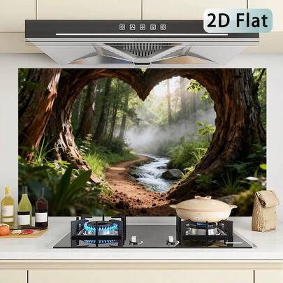 قطعة واحدة من واقي الرذاذ ذاتي اللصق ذو التصميم الثنائي الأبعاد بشكل شجرة قلب، تصميم غابة استوائية. سهل التركيب والتنظيف، مقاوم للزيوت، ومناسب لتجديد وديكور جدران المطعم وغرفة المعيشة.