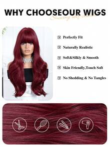 Tóc giả dài 24 inch màu đỏ tía, xoăn nhẹ, có mái, thời trang hàng ngày, dự tiệc, cosplay, đi nghỉ mát, họp mặt gia đình, quà tặng Ngày của Mẹ, quà tặng Eid, quà tặng mùa tựu trường. - Màu Đỏ Sâu - Xem 8