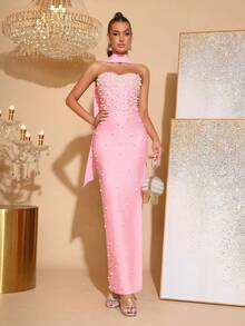 Rhinestone Strapless Slit Tube Bridesmaid Dress, Party Bandage Dress - Pink - View 6