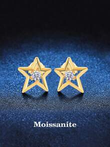 BLOVEMEE 2pcs Elegant 925 Silver 3.0mm X 2 Moissanite Star Stud Earrings, Suitable For Women's Daily Wear, High-End Party Earrings, Ideal Gift For Valentine's Day, Mother's Day, Christmas, Birthday, Wedding Anniversary - Yellow Gold - View 1