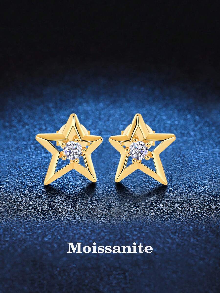 BLOVEMEE 2pcs Elegant 925 Silver 3.0mm X 2 Moissanite Star Stud Earrings, Suitable For Women's Daily Wear, High-End Party Earrings, Ideal Gift For Valentine's Day, Mother's Day, Christmas, Birthday, Wedding Anniversary - Yellow Gold - View 1
