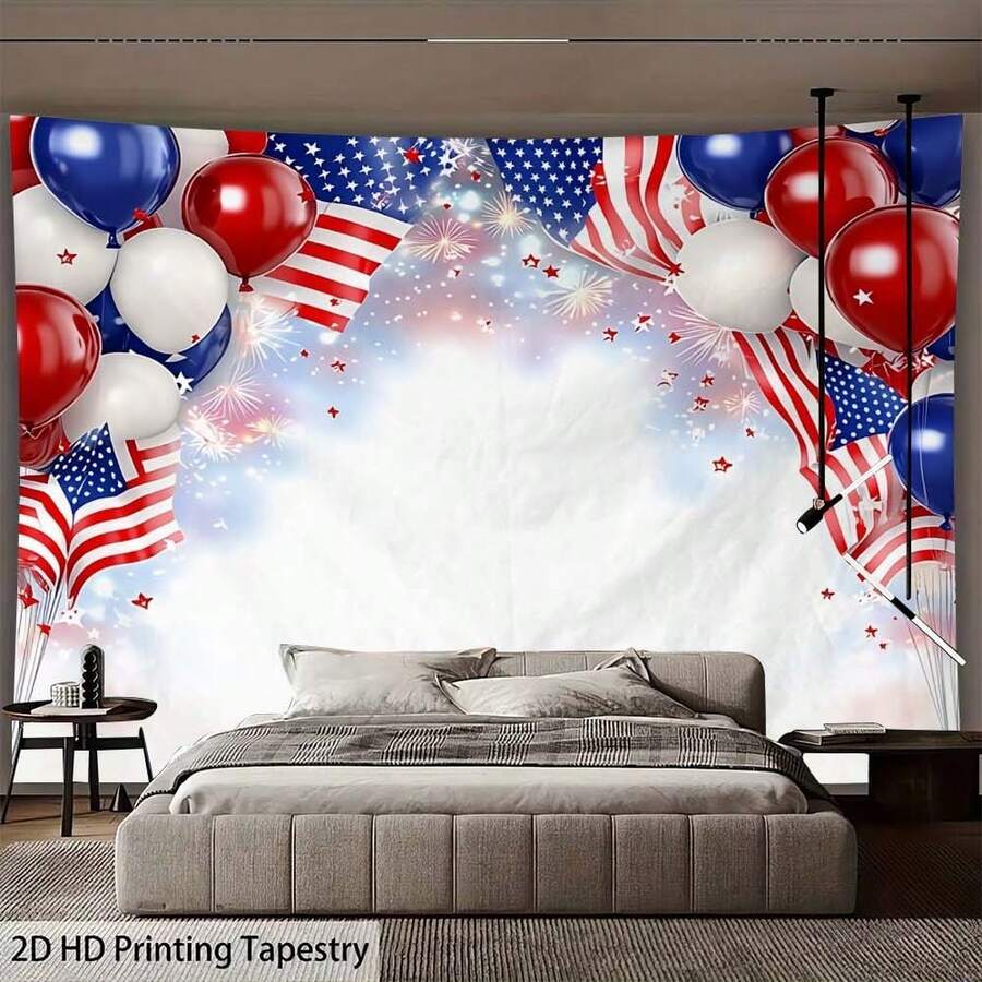 美国国庆日气球挂毯，房间装饰美学，卧室墙饰，客厅家居装饰，卧室墙面艺术海报，波西米亚风挂毯，美学房间装饰，卧室挂毯，客厅墙面装饰，家居装饰，艺术墙面装饰 - 紅藍 - 查看 1