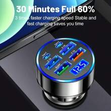 1pc LED Voltage Display Car Charger - 95W Super Fast Charging 6-Port (2 PD/4 USB/2 Type-C) Adapter, Travel Car Accessory, Compatible With Apple, Android Devices & Pro - A - View 4