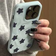 Adorable Black Checkered Star Pattern Phone Case Compatible With IPhone 17 16 15 Plus 14 13 12 11 Pro Max 14 Plus,Shockproof Crinkled Texture Soft Cover - Blue - View 3