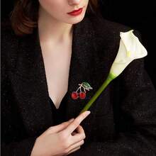 Vintage Elegant Cherry Shaped Brooch With Rhinestone Decor, Fashion Accessory For Women - Red - View 6