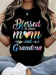 To Be Called Mom And Grandma Rainbow Watercolor Print Women's T-Shirt Casual Loose Fit Top Mother's Day Gift - 黑色 - 查看 1